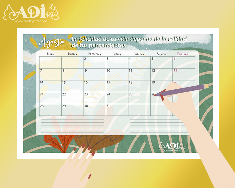 Calendario y planner de Agosto, para fondo de pantalla e impresión.