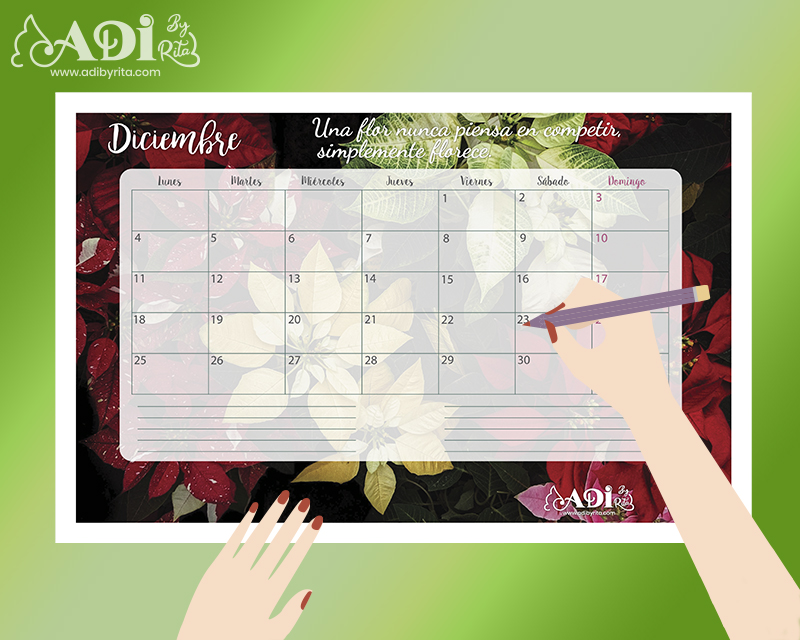 Calendario y planner de Diciembre, para fondo de pantalla e impresión.