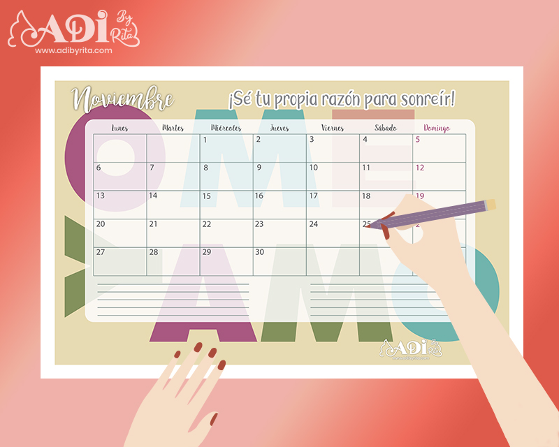 Calendario y planner de Noviembre, para fondo de pantalla e impresión.