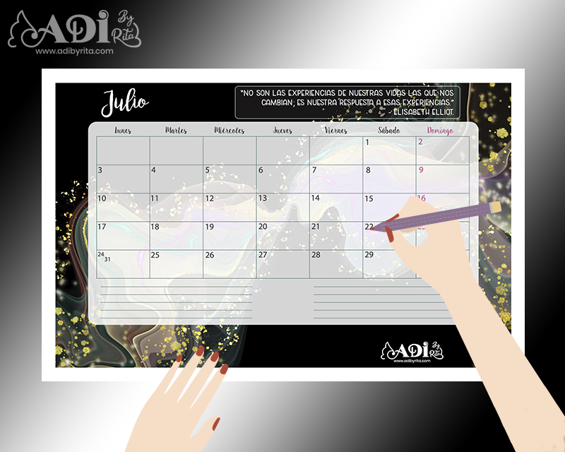 Calendario y planner de julio, para fondo de pantalla e impresión.