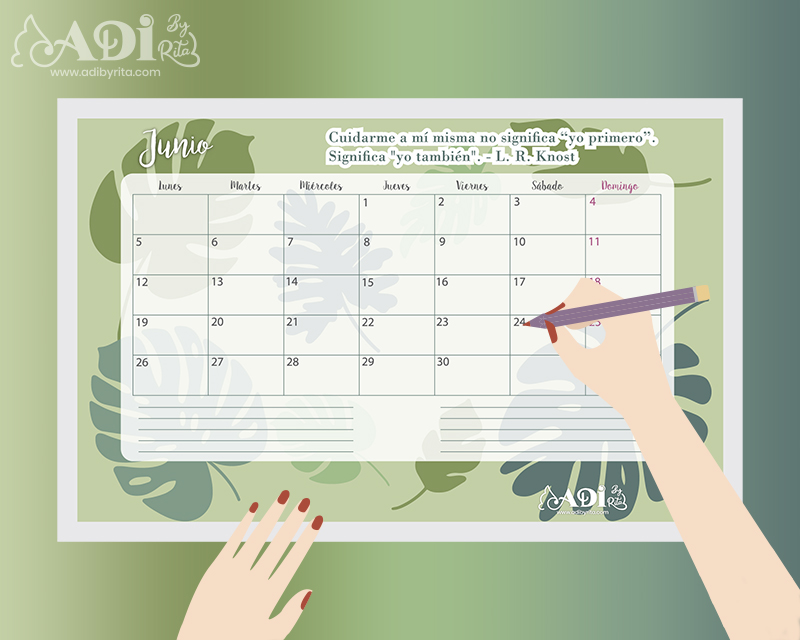 Calendario y planner de junio, para fondo de pantalla e impresión.